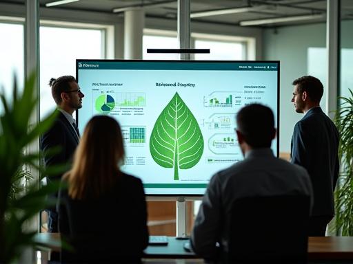 Berater diskutieren über Nachhaltigkeitsstrategien mit Fokus auf grüne Energie und Rohstoffe