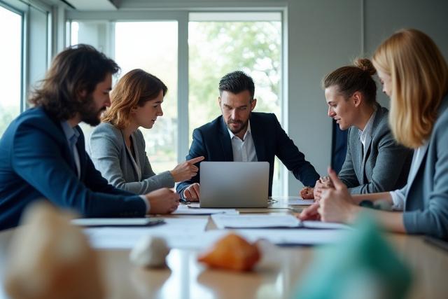 Team von Personen, die sich um einen Tisch versammeln und über Geschäftsstrategie diskutieren, im Hintergrund Mineralienproben.